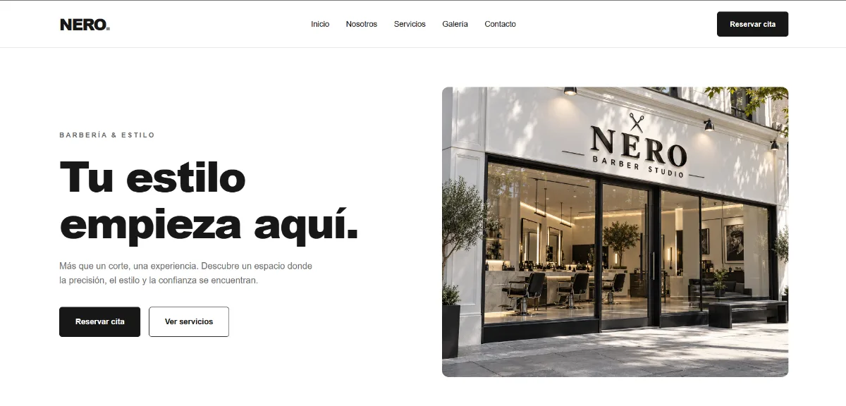 Captura real de la landing page Barberia NERO