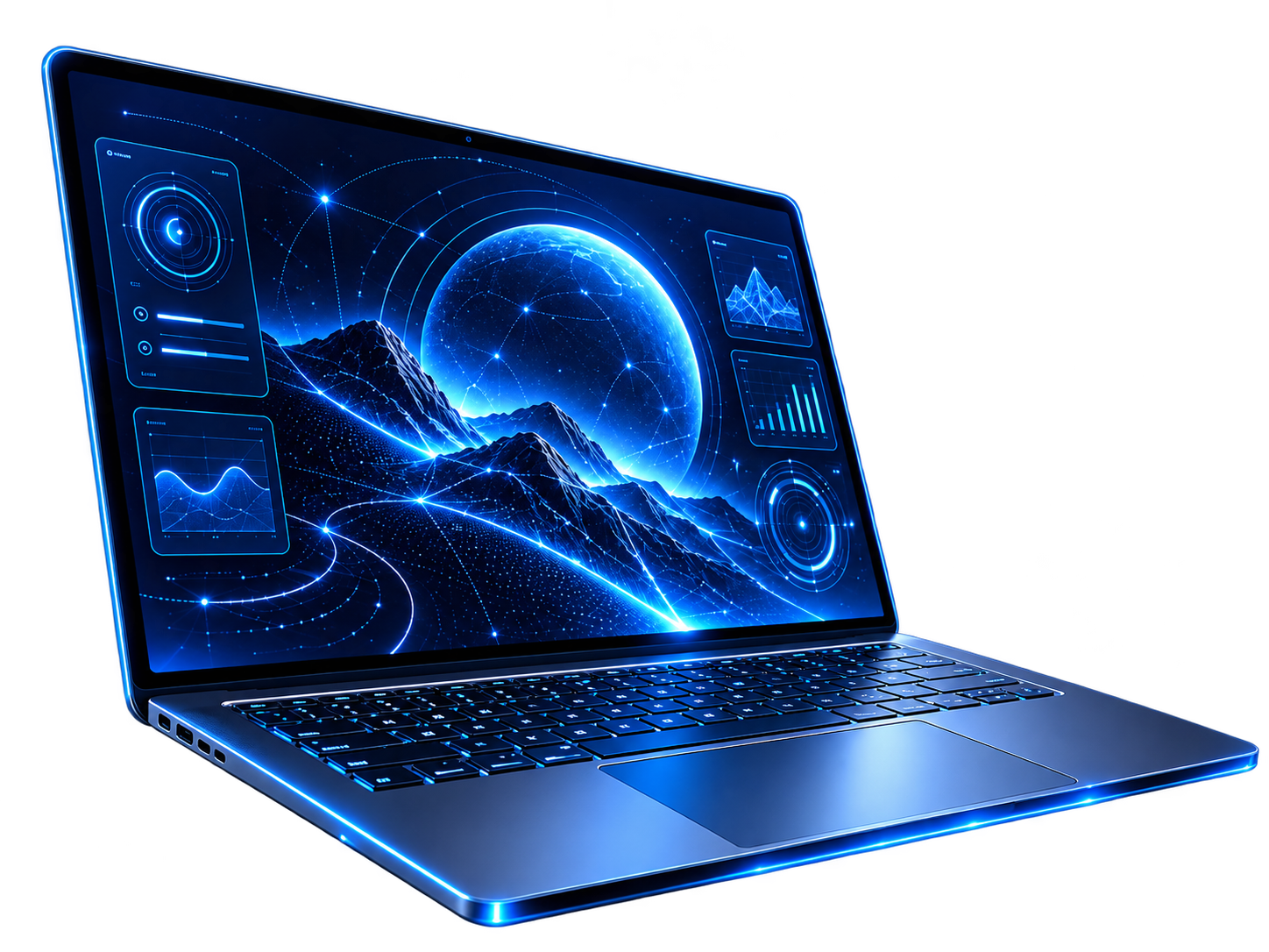 Laptop con una ilustración tecnológica en tonos azules
